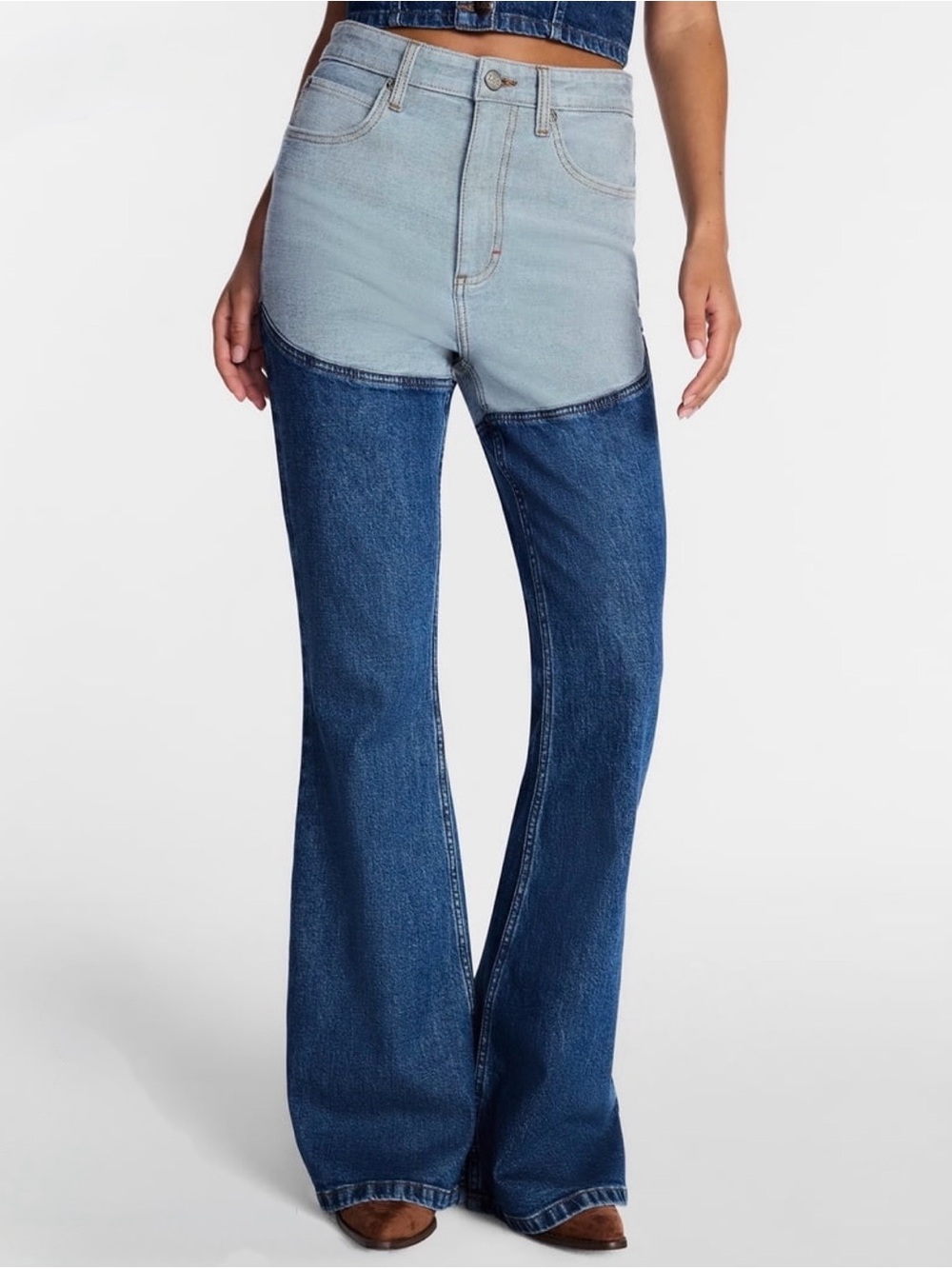 “Kacy” Lee Two-Tone High-Rise Flare Jeans in Light Blue & Dark Blue